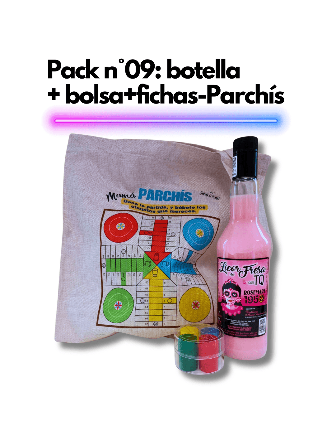 Pack nº 9: Botella+ Bolsa + fichas- Parchís